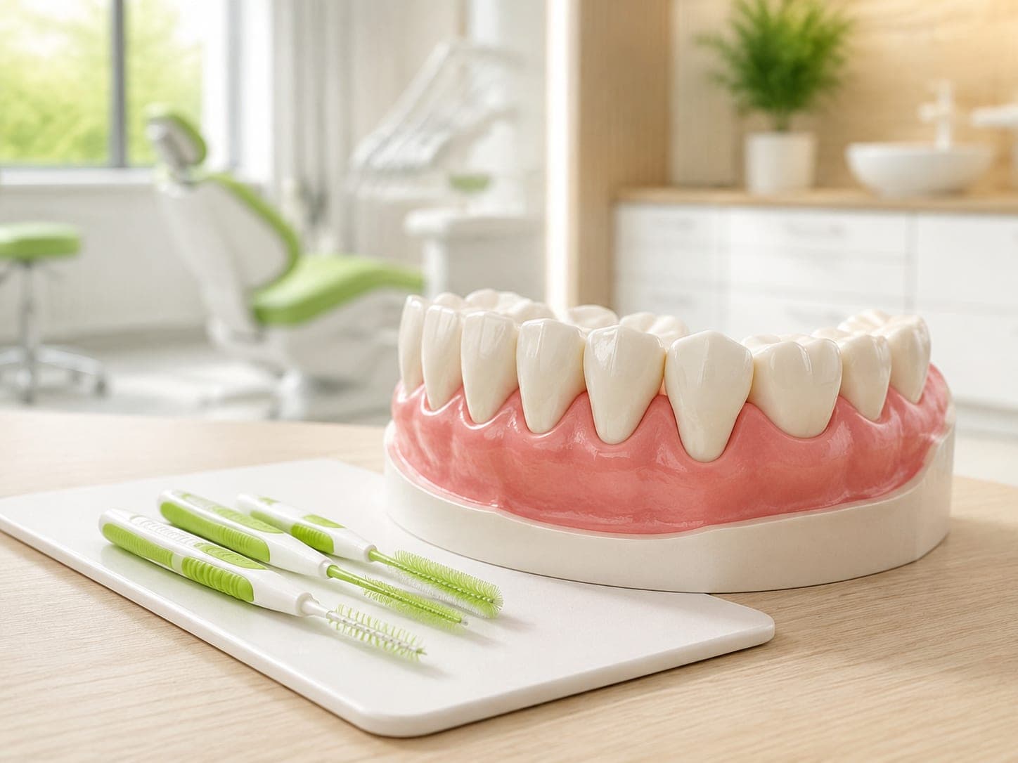 Zahnmodell mit Zahnfleisch und Interdentalbürsten als Symbol für die Parodontitis-Vorsorge